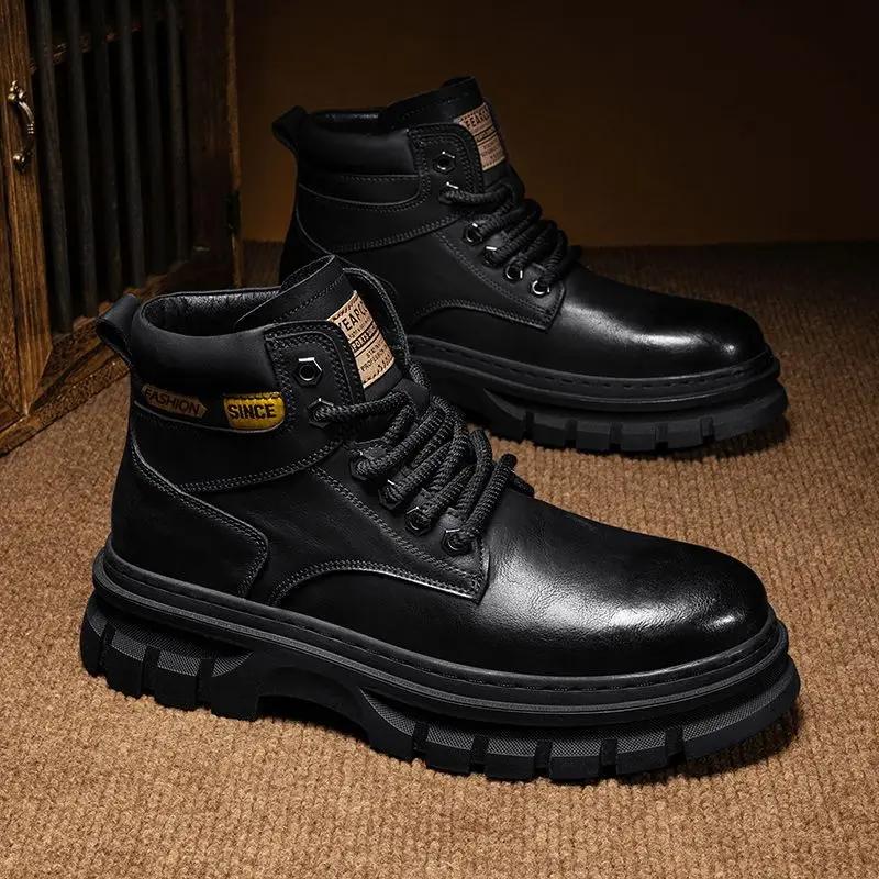 Fashion Men's Leather Boots Brand Retro Platform Sneakers Comfortable Boots for Men High Top Non Slip Shoes Business Work Shoes