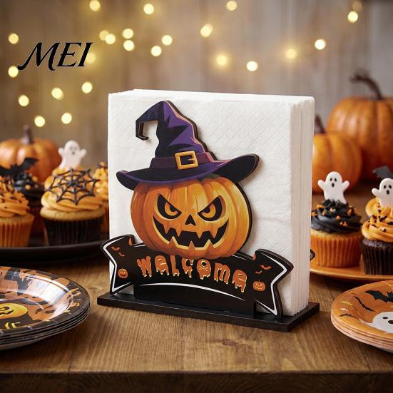 Festive Dining Table Ornament Halloween Wooden Napkin Holder, Ghost Pumpkin Decorative Tabletop Tissue Dispenser, Rustic Kitchen Counter Storage Paper