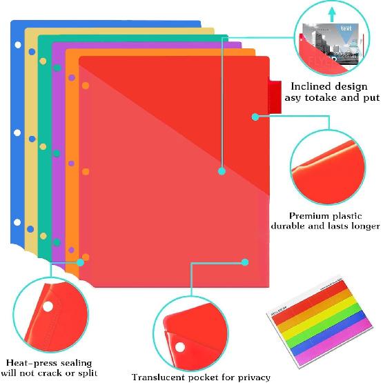 Binder Dividers with Pockets,Plastic 6 Tab 2 Set,Dividers with Angled Cut Pocket, Multi-Colored Tabs for 3-Ring Binder, A4 Letter Size, Durable