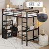 Loft Bed, 90x200cm, No Mattress, Bed with Desk, Socket And USB, Multiple Shelves, Open Storage Cabinet, Railing, Ladder, Iron Frame,