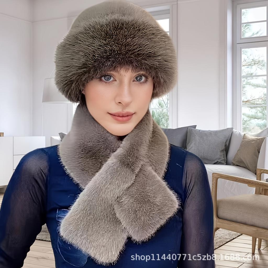 Комплект из 2 предметов/1 женский, утепленная шапка из искусственного меха и шарф - полиэстеровый трикотаж, зимние утеплители для ушей с застежкой-кнопкой, модный монгольский стиль