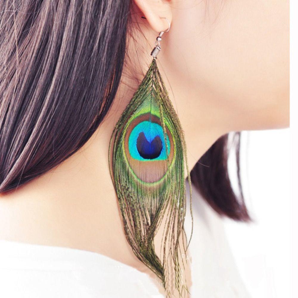 Retro National Style Bohemian Jewelry Bead Peacock Feather Earrings Women Dangle Earrings