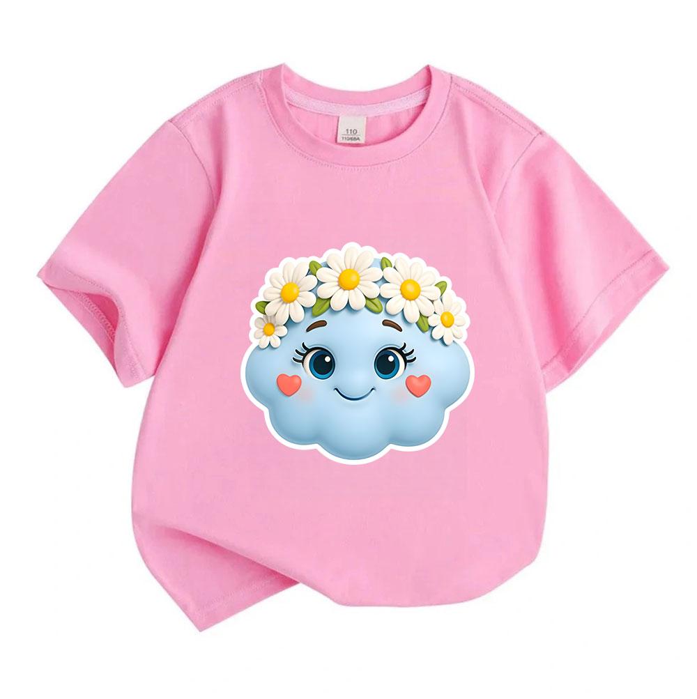 Kids Boys Girls 100% Cotton Crew Neck Short Sleeve T-Shirt, Cute 3D Blue Cloud with Daisy Flower Crown Print Casual Soft Summer Tee for Children