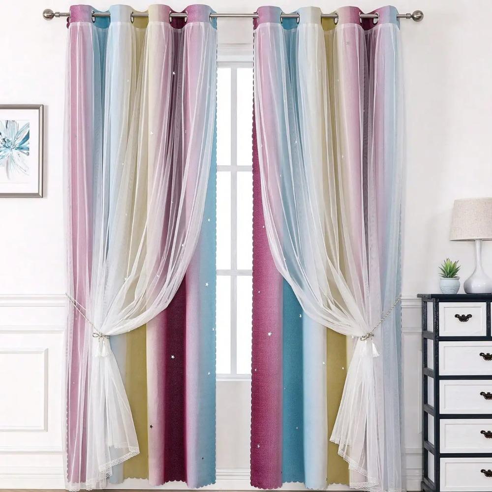 1 шт. Двухслойные шторы Rainbow Fade с цветом Morandi, светонепроницаемые шторы с тканью и прозрачной тканью
