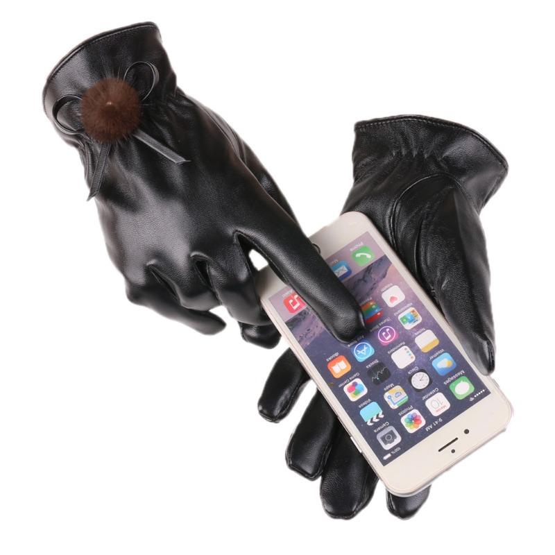 Autumn and Winter Gloves Women's Leather Gloves Bow Velvet Thickened Outdoor Driving Riding Touch Screen Warm Gloves