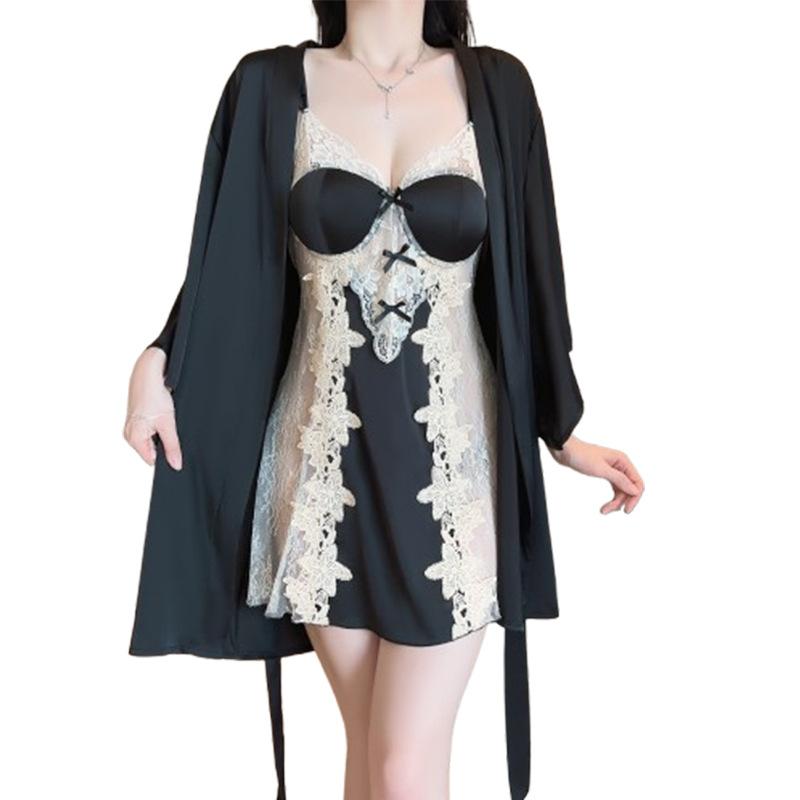Women's Plus Size Satin Lace Sheer Padded Sleep Dress with Robe Lounge Set