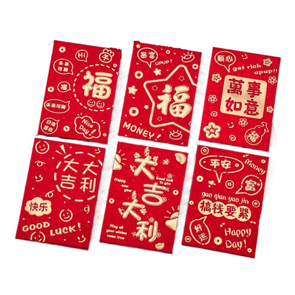 6Pcs Cute Lucky Red Pocket Cartooon New Year Red Packet Red Envelope Bag Blessing Gift
