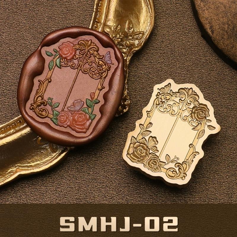 Antique Solid Brass Wax Seal Stamp Head Engraved Embossing Tool Seal Flower Frame for Handmade Letters Gift Wrapping