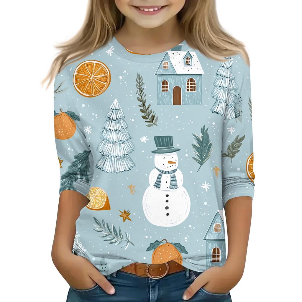 Children's 3/4 Sleeve Round Neck Top Christmas Tree Printed Everyday Casual Top