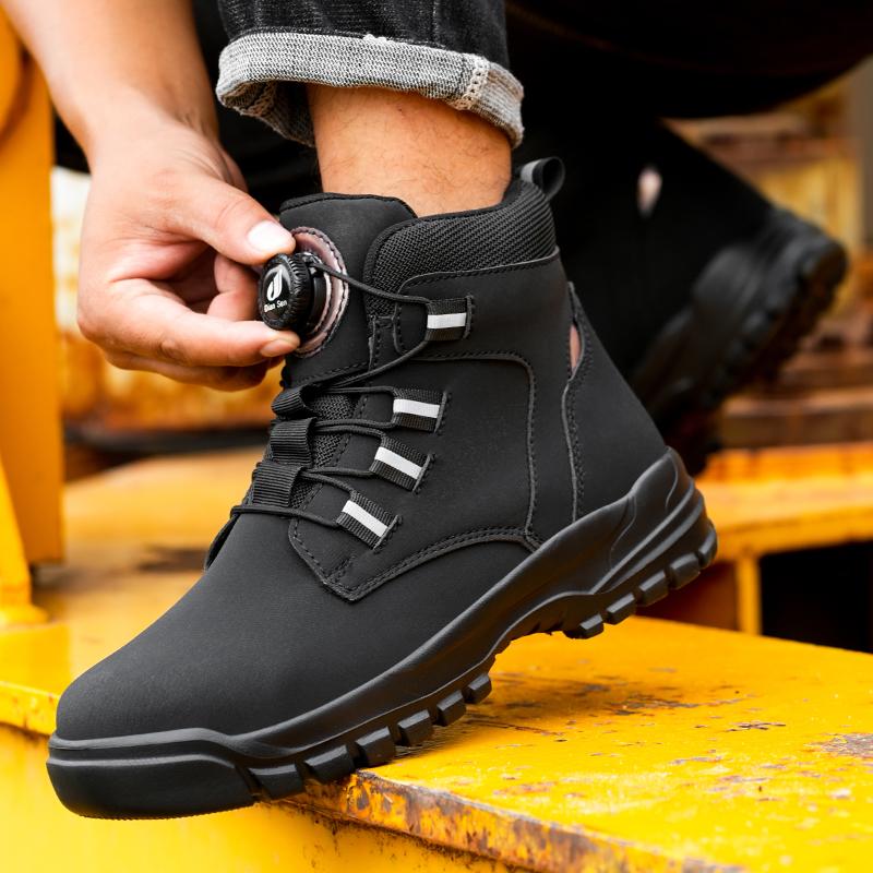 Men's Steel-Toed Safety Shoes With Anti-Crush, Anti-Puncture And Anti-Slip Soles, Fashionable Button Industrial Work Boots