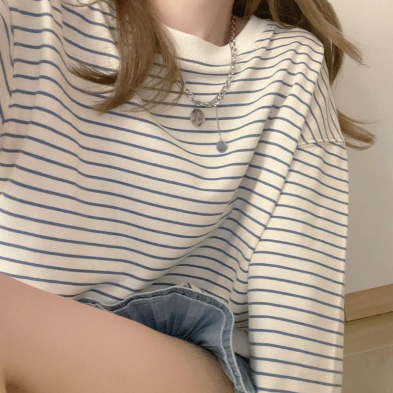 Womens Loose Fit Striped Long Sleeve Pullover Sweatshirt Casual Top