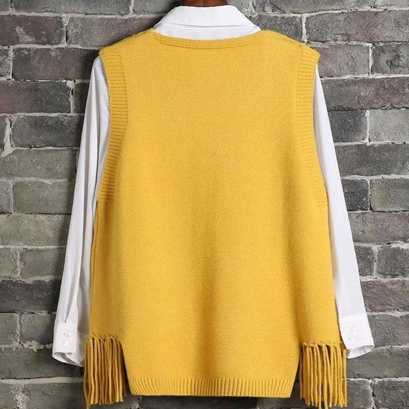 Sweater Vest Women Y2k Hem Fringed Crop Knit Vest Women Vintage Top Loose Pullover Jumper V-neck Solid Waistcoat Spring Autumn