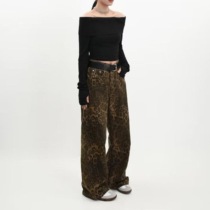 American Vintage Leopard Print Jeans Slim Straight Loose Wide Leg Casual Trousers