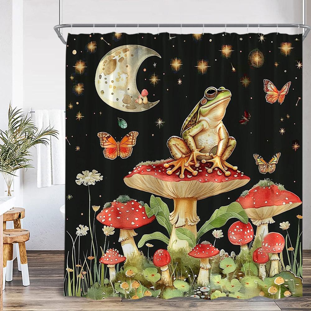 Funny Frog Shower Curtain Animal Lotus Leaf Pond Mushroom Rainforest Vintage Summer Bathroom Decor Kid Bath Curtain With Hooks