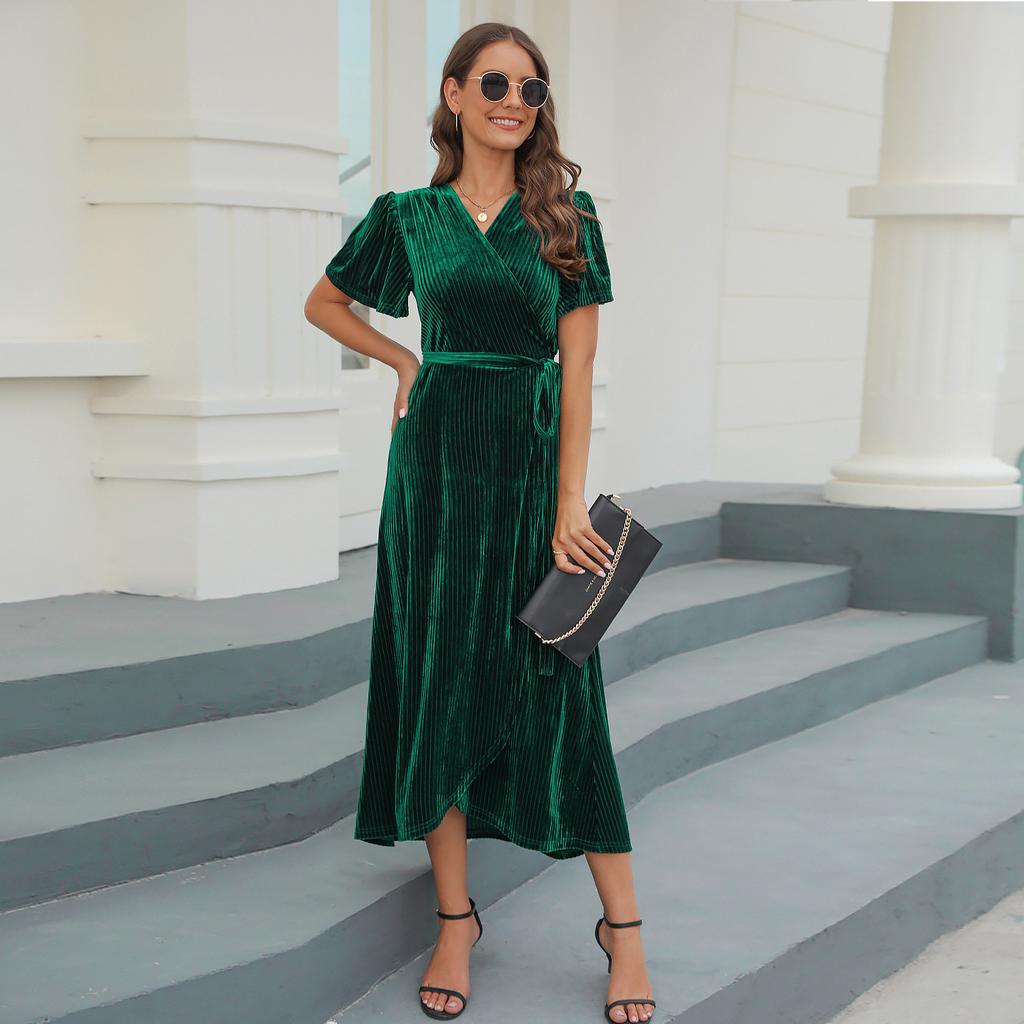 GMXIA Женская мода лето весна сплошной цвет печати короткий рукав V-образным вырезом повседневные платья