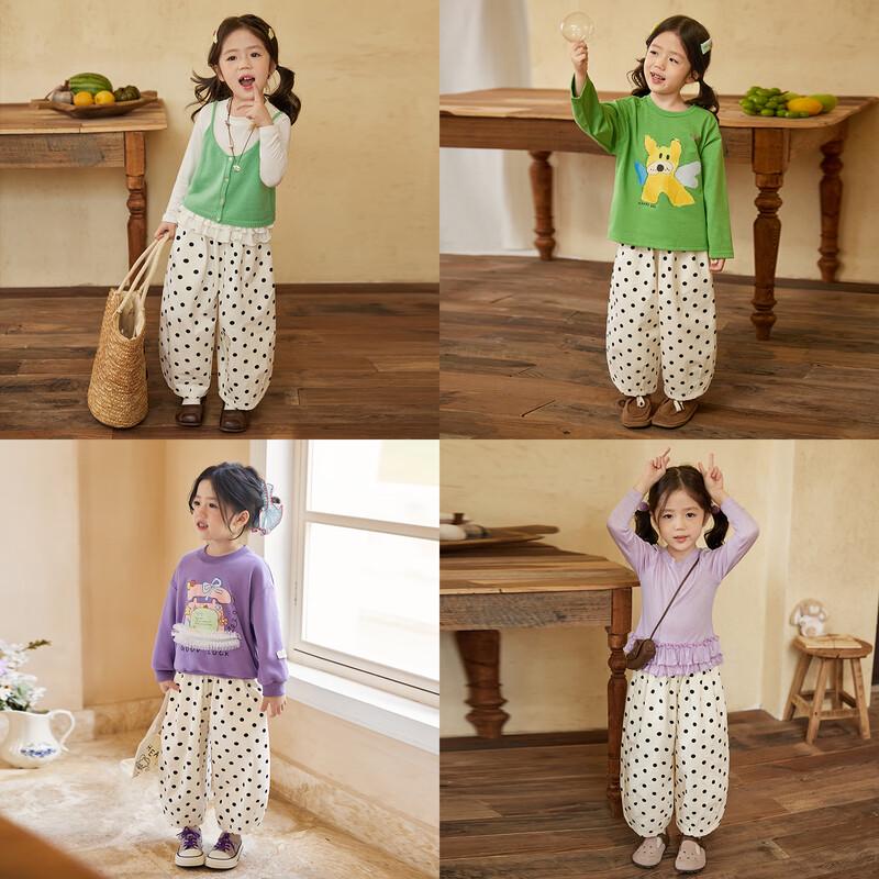 LUSON Okids Girls' Combed Cotton Polka Dot & Plaid Wide-Leg Pants