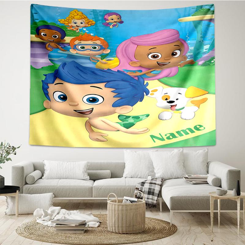 Custom Name Bubble Guppies Print Tapestry, Backdrop, Easy Setup, Ideal for Bedroom, Office & Living Room, with Aesthetic Wall Hanging Decor.