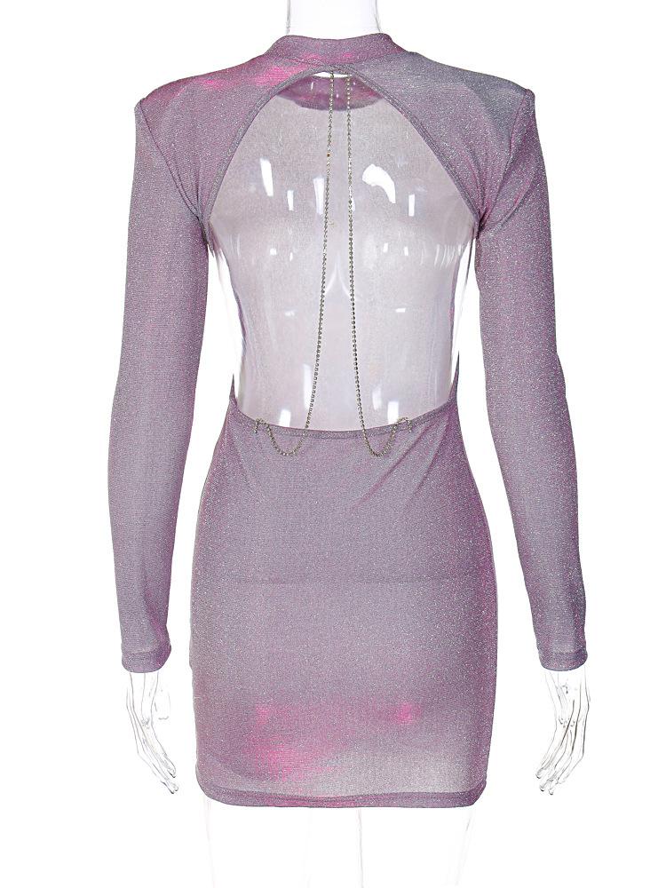 Женщины, Весна Осень, Сексуальность, Открытая Спинка, Цепочка, Блеск, Вечеринка, Элегантный, Наряды, Длинный Рукав, Мини-Платье