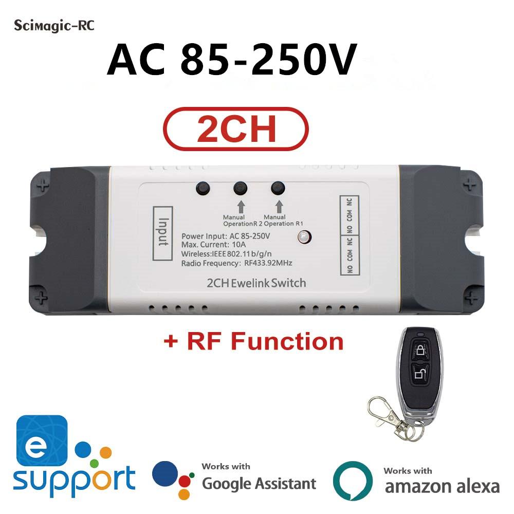 Беспроводной WiFi-переключатель, умный модуль, 2 канала DC12V 32V AC 110V 220V, импульсный, самоблокировка, RF433, NO, NC, COM. Реле 10А, управление через приложение eWeLink