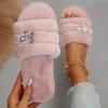 Metal Butterfly Decor Plush Slippers Women Indoor Home Open Toe Faux Fur Slides Woman Shiny Crystal Comfortable Fluffy Slippers