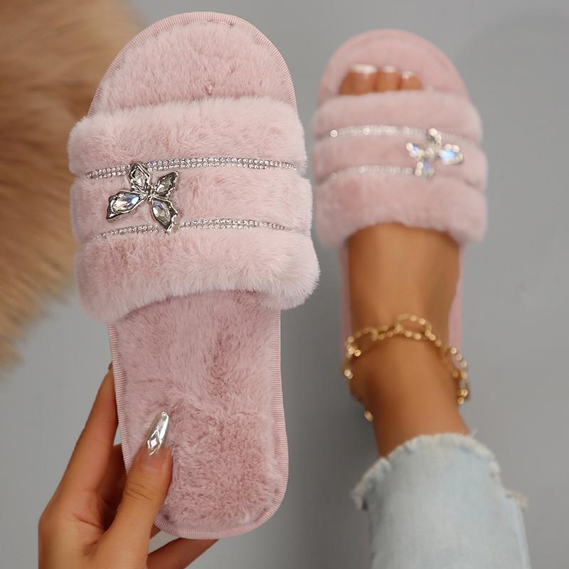 Metal Butterfly Decor Plush Slippers Women Indoor Home Open Toe Faux Fur Slides Woman Shiny Crystal Comfortable Fluffy Slippers