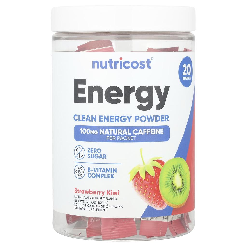 Nutricost Energy, Clean Energy Powder, Strawberry Kiwi, 20 Stick Packs, 5g (0.18oz) Each