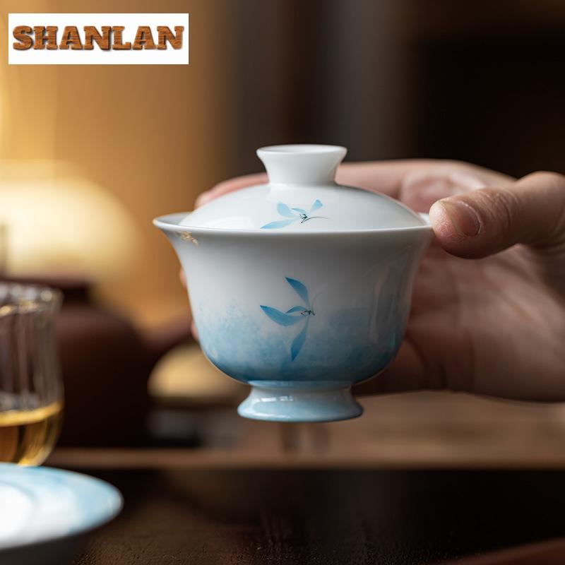 100ml Hand-painted Butterfly Orchid Gaiwan Boutique Tea Tureen Tea Bowl With Lid Kit Tea Maker Cover Bowl Tea Services Ornaments