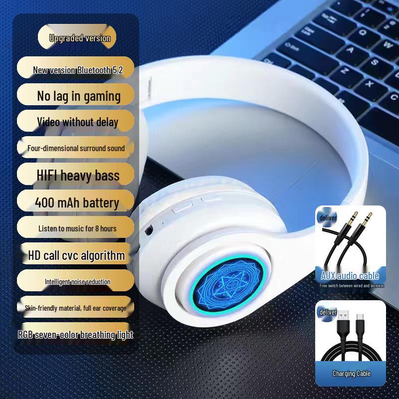 2025 Luminous Bluetooth Over-Ear Headphones with Heavy Bass and Large Earcups for Boys