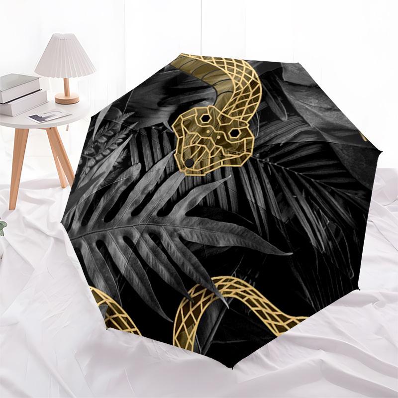 1pc Golden Snake on Dark Leaves Umbrella with Plastic Handle,Suitable for All Seasons Home Travel Outdoor UmbrellaDD832