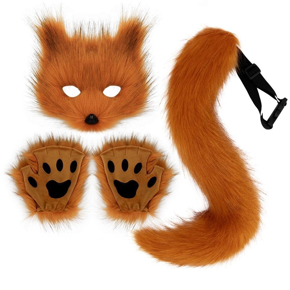 Novelty Simulation Fox Mask Gloves Dress Up Plush Animal Ears Mask Masquerade Party Tail Set Halloween Day
