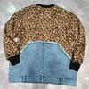 Womens Leopard Patchwork Denim Sweatshirt Loose Fit Streetwear Top Fall Winter