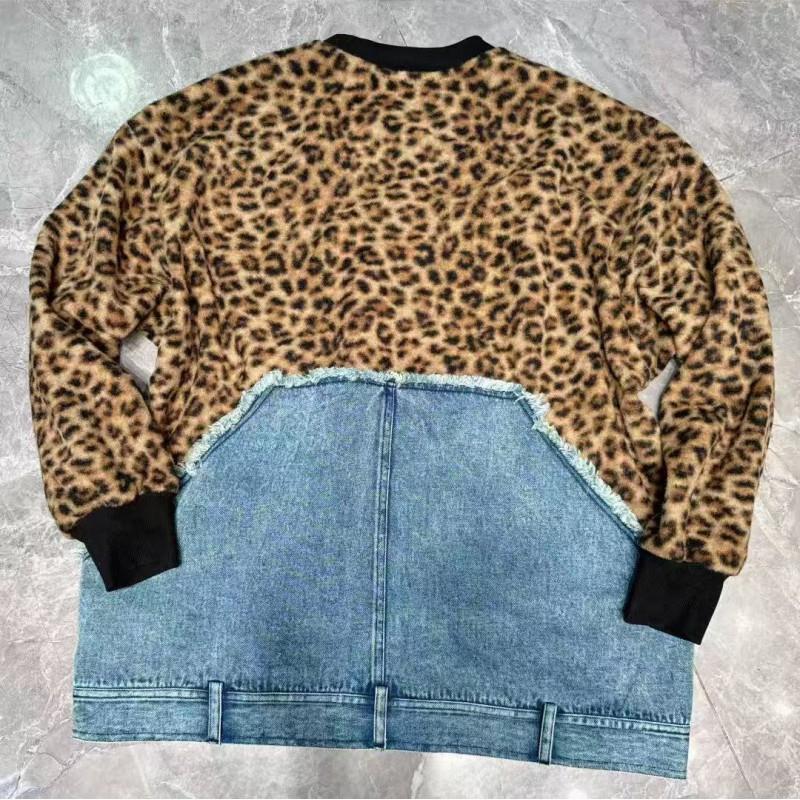 Womens Leopard Patchwork Denim Sweatshirt Loose Fit Streetwear Top Fall Winter