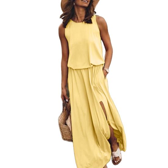 Женское летнее платье с плиссировкой, круглым вырезом, без рукавов, однотонное, свободное, с разрезом, макси-платье, повседневная одежда для свиданий, вечеринок, длинное платье