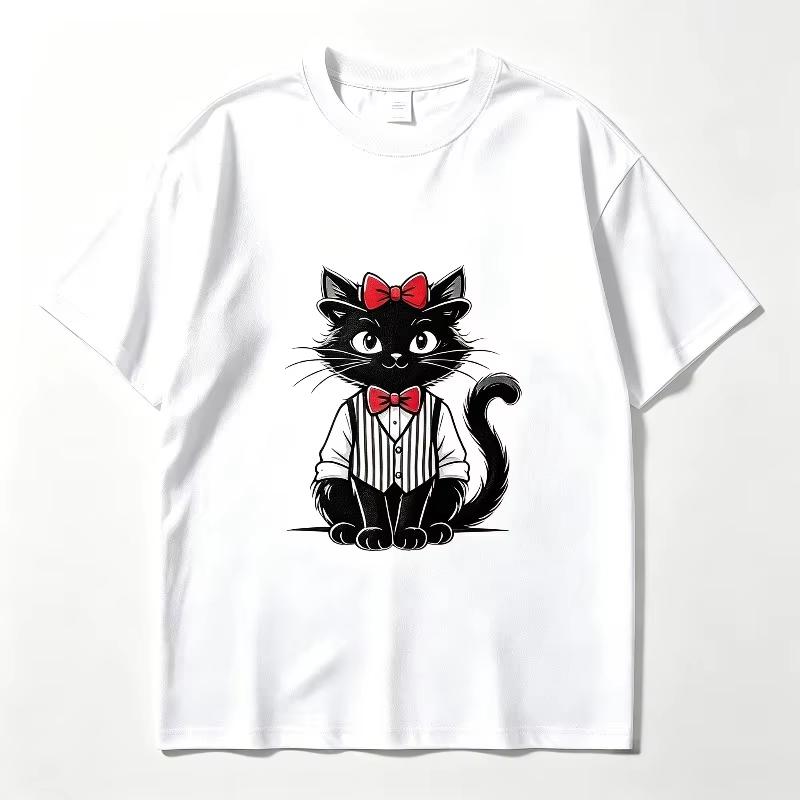 Cartoon Black Cat Bow Graphic Tee Casual Summer Short Sleeve Oversized T Shirt Cute Kitten Print Street Unisex Y2k Top Harajuku