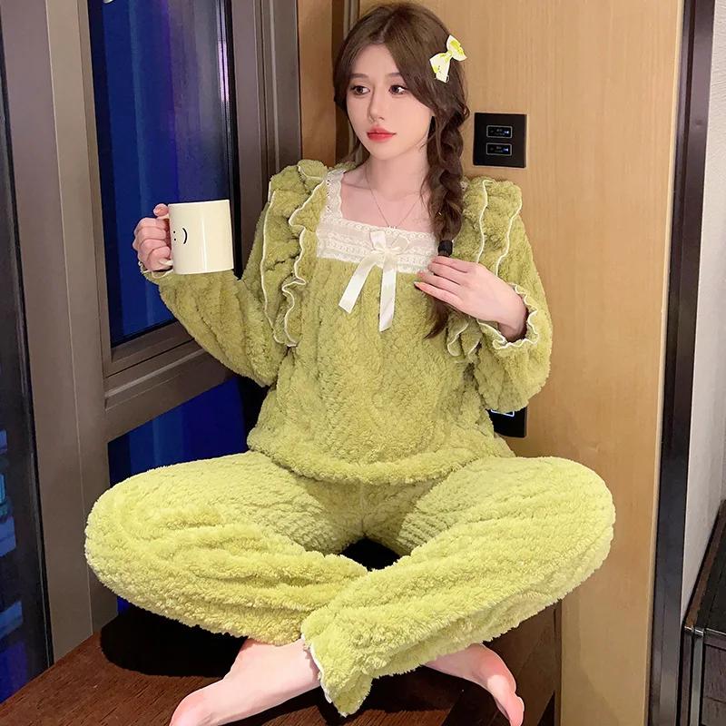 Теплая фланелевая пижама, коралловый флисовый пижамный комплект, корейская милая фланелевая домашняя одежда, свободный топ и брючный костюм