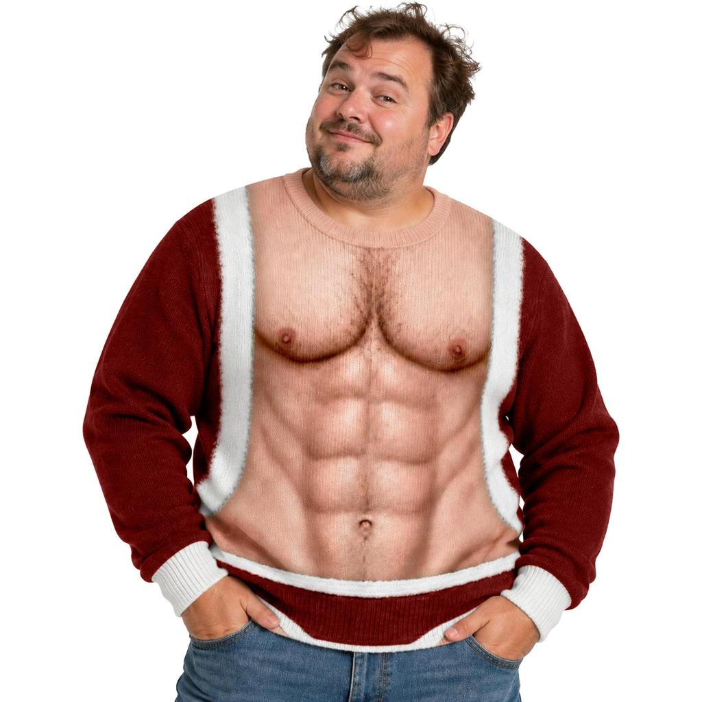 Men's Christmas Crewneck Sweater, Funny Abs Print Pullover Knit Top, Novelty Holiday Sweatshirt