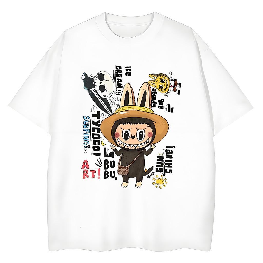 Футболка с принтом Лабубу, с коротким рукавом, милая мультяшная, свободная, мужская и женская