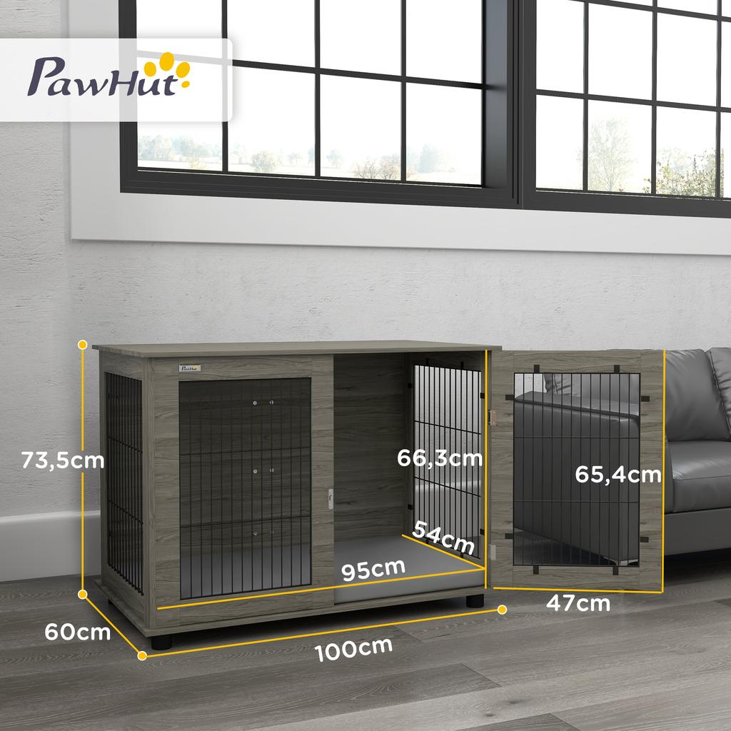 Dog crate 2 in 1 side table with removable-cover plush cushion lockable door 100 x 60 x 73.5 cm grey