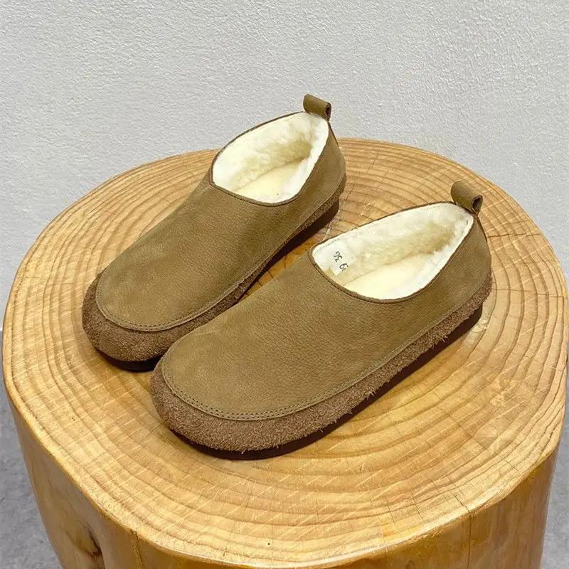 Fashion 2024 Winter New Pure Wool Genuine Leather Warm Shoes Flat Bottomed Soft Cowhide Thickened Women's Cotton Shoes