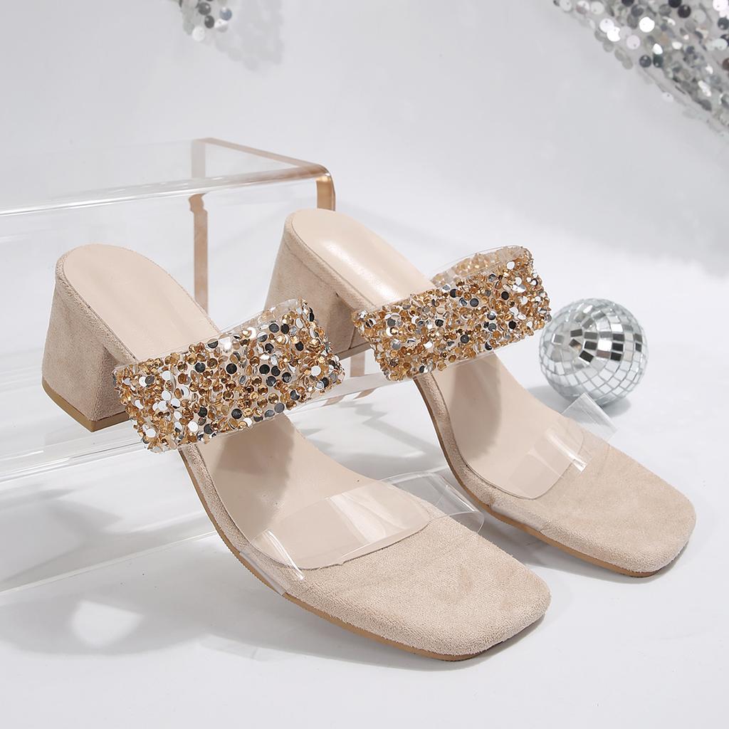 Fashion Chunky Heels Women's Slippers 2025 Fashion Bling Sequins Summer Slippers Women Solid Mid Heel Shoes Outdoor High Heel Sandals