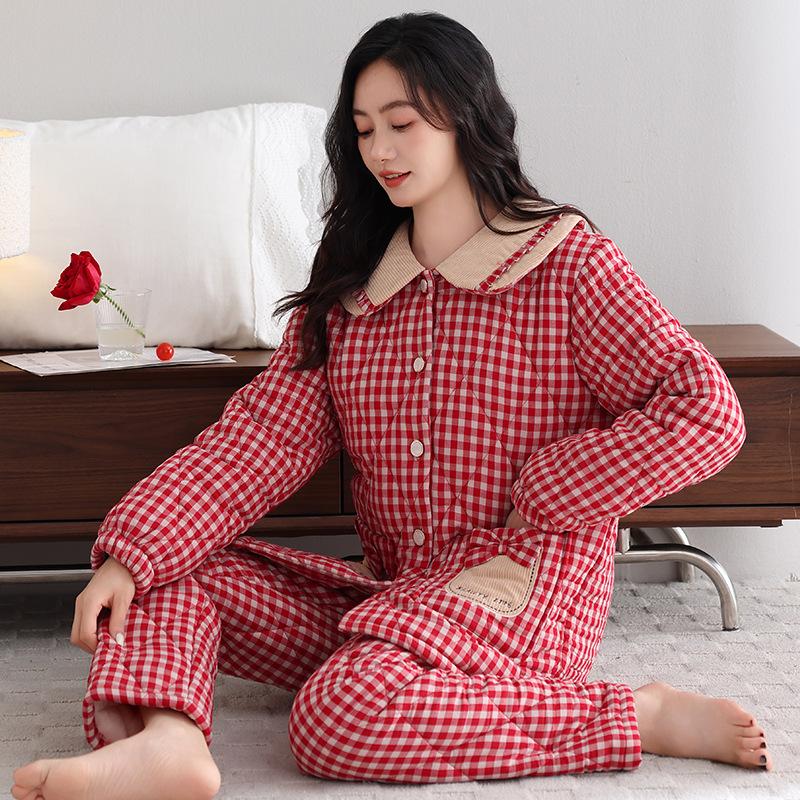 Winter pajamas women's new woven plaid clip padded jacket three-layer warm suit velvet thickened outer wear loungewear