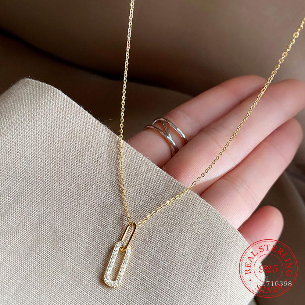 Real 925 Sterling Silver Crystal Geometric Choker Necklace Pendant for Women 14K Gold Plated Necklace Wedding Party Jewelry Gift