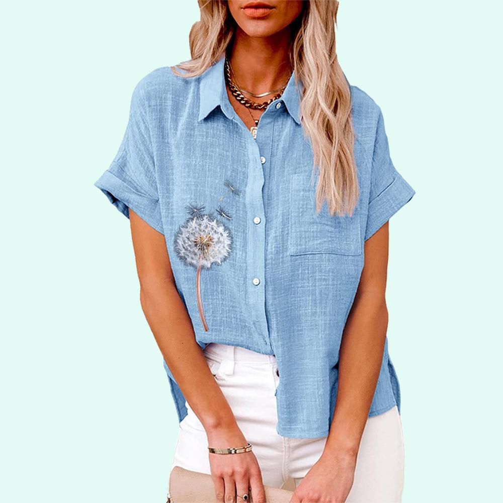 Плюс размер Женская мода цветочный принт футболка лето и осень повседневный льняной топ женская свободная застегивающаяся на пуговицы блузка с коротким рукавом