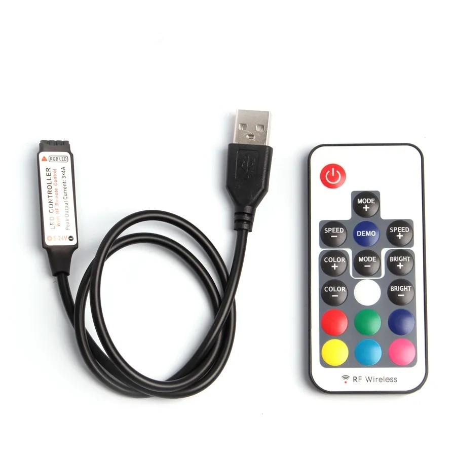 USB RF Мини-контроллер светодиодной ленты, пульт с 17 кнопками, RGB-многоцветный, 5-24 В