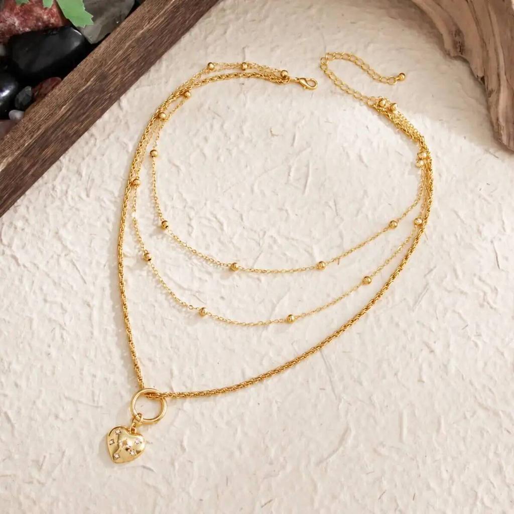 KunJoe New Gold Color Charm Heart Pendant Necklace Women Jewelry Vintage Multiple Layers Clavicle Chain Mom Couple Birthday Gift