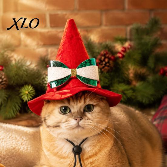 Festive Cat Costume Accessories Pointed Christmas Hat, Adjustable Pet Wizard Hat with Bow, Cute Soft Kitten Bonnet Witch for Small to Medium