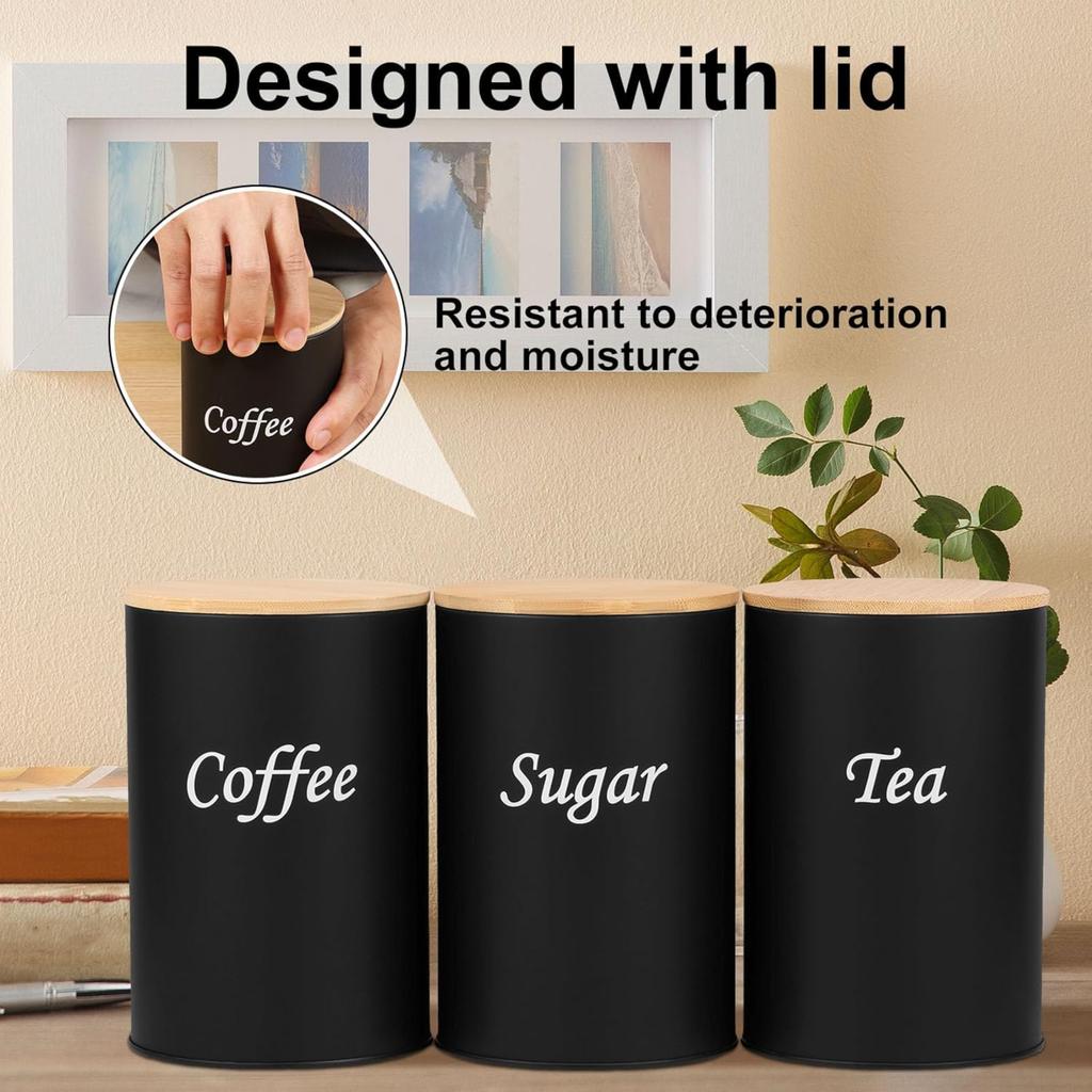 Coffee sugar tea storage tank set 1000ML with bamboo cover kitchen food household storage tank black round