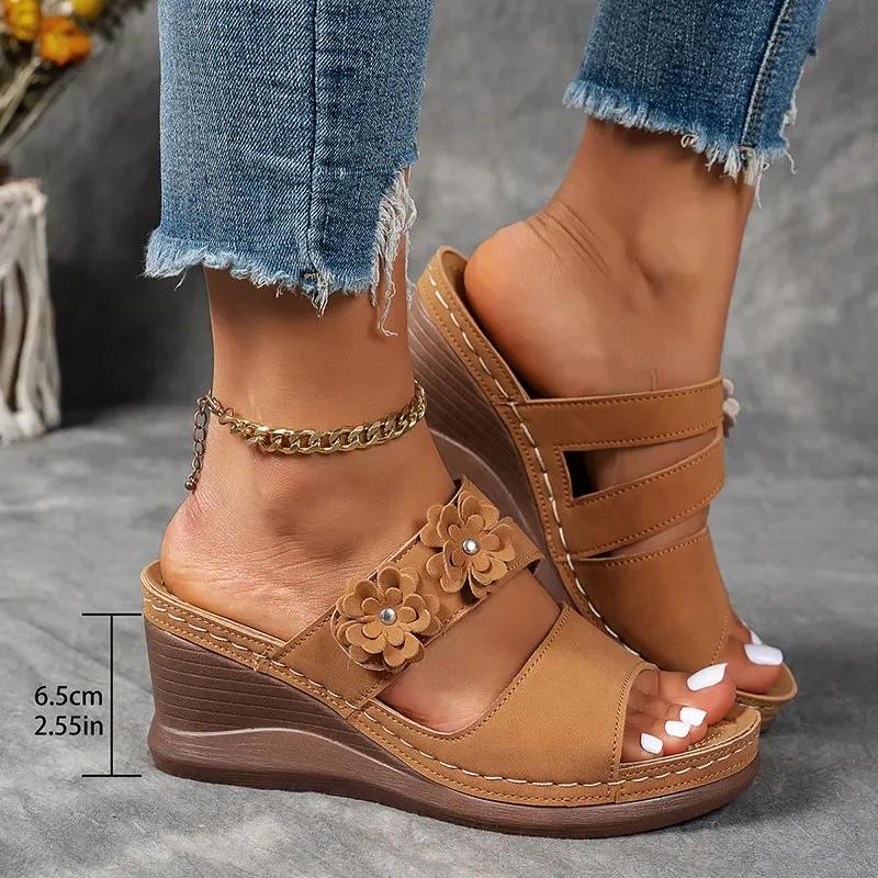 Модные ретро сандалии-клинья с цветочным декором для женщин больших размеров, массивная платформа, летние удобные нескользящие пляжные туфли