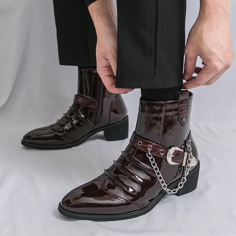 Дизайнерские Новые Мужские Заостренные Панк Рок Металлическая Цепь Кожаные Повседневные Ботильоны Челси Мужские Зимние Высокие Монахи Хип-хоп Обувь