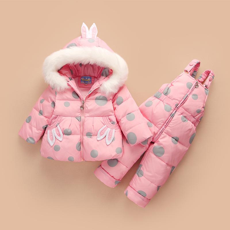 -30° Детские утепленные теплые костюмы-двойки с принтом, повседневное пальто с капюшоном и комбинезон, мягкие комплекты